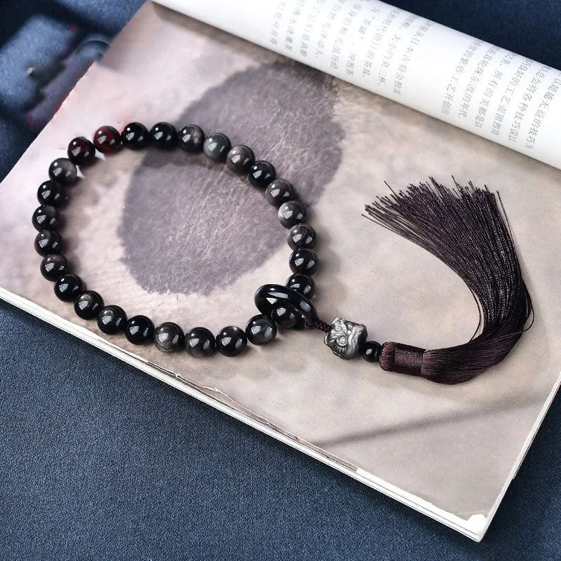 Mythstone Natural Silver Sheen Obsidian Lion Wrist Mala Protection Tassels Pocket Mala Car Decoration - Image 3