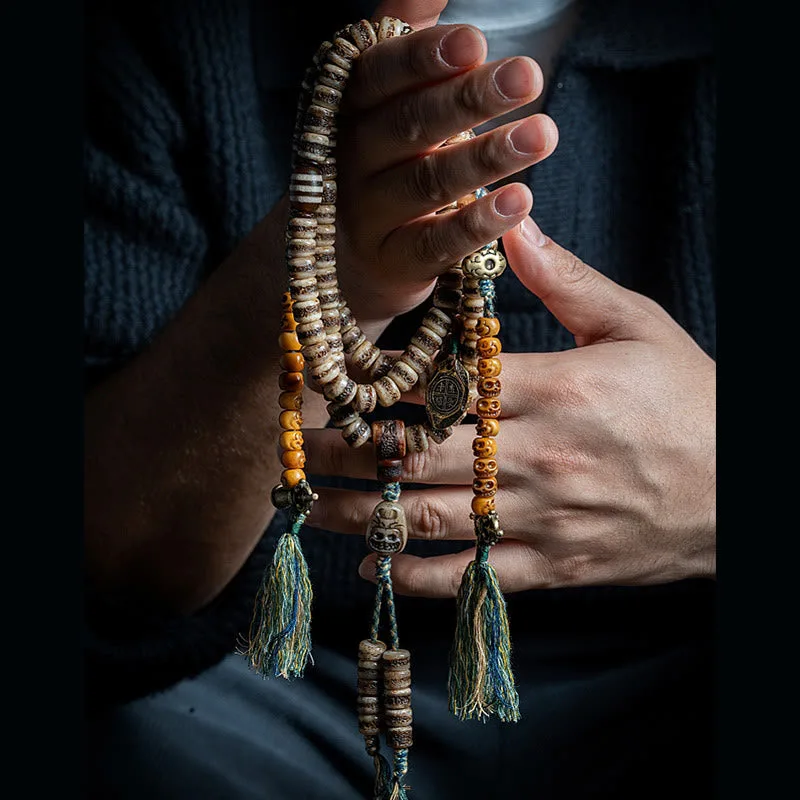 MythStone Tibetan 108 Mala Beads Yak Bone Dzi Bead The Lord of the Corpse Forest Strength Bracelet - Image 9