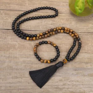 MythStone Tibetan Tiger Eye & Black Onyx Protection Necklace Mala Set.