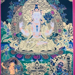 Black and Gold Thangka of Compassionate 4 armed Chenrezig