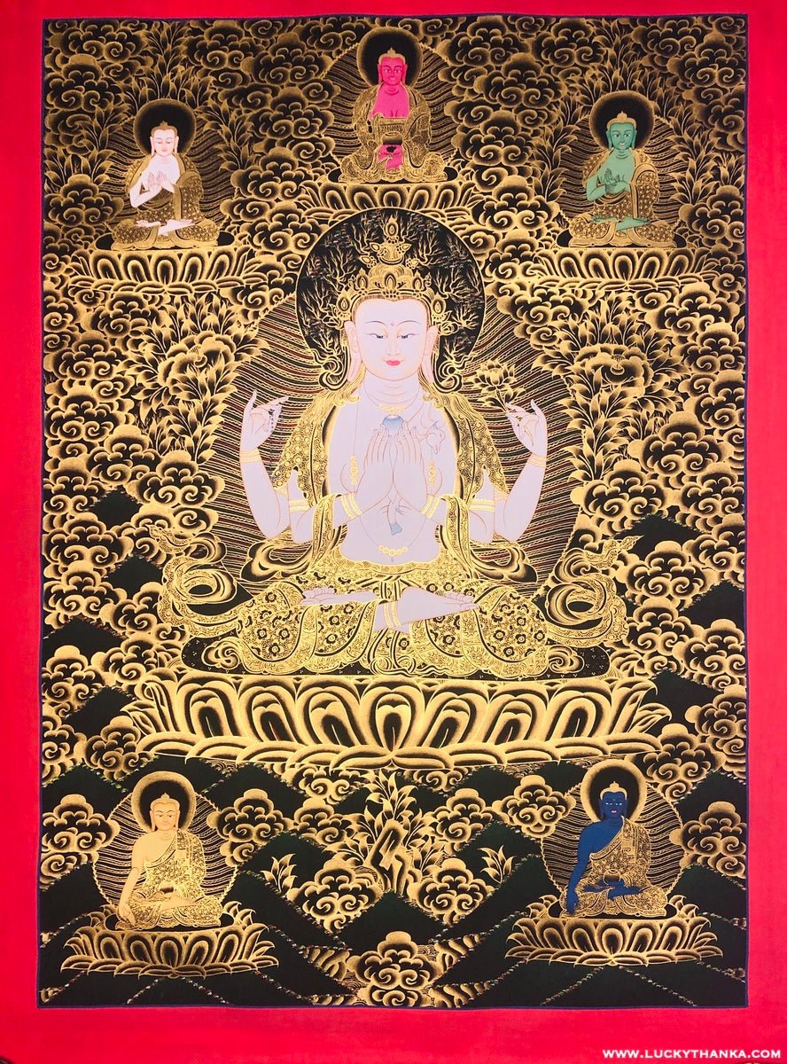 Chenrezig with 5 Dhyani Buddha Tibetan Thangka