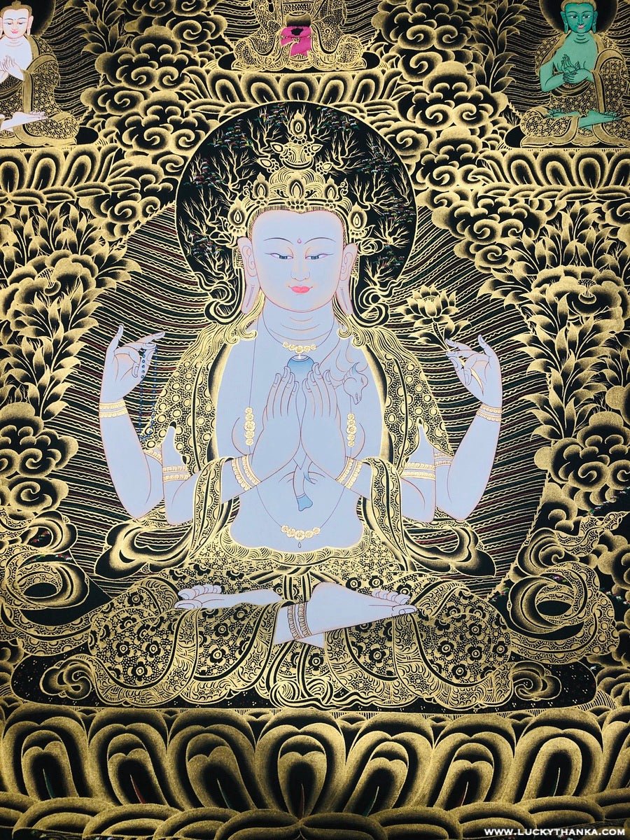 Chenrezig with 5 Dhyani Buddha Tibetan Thangka - Image 3