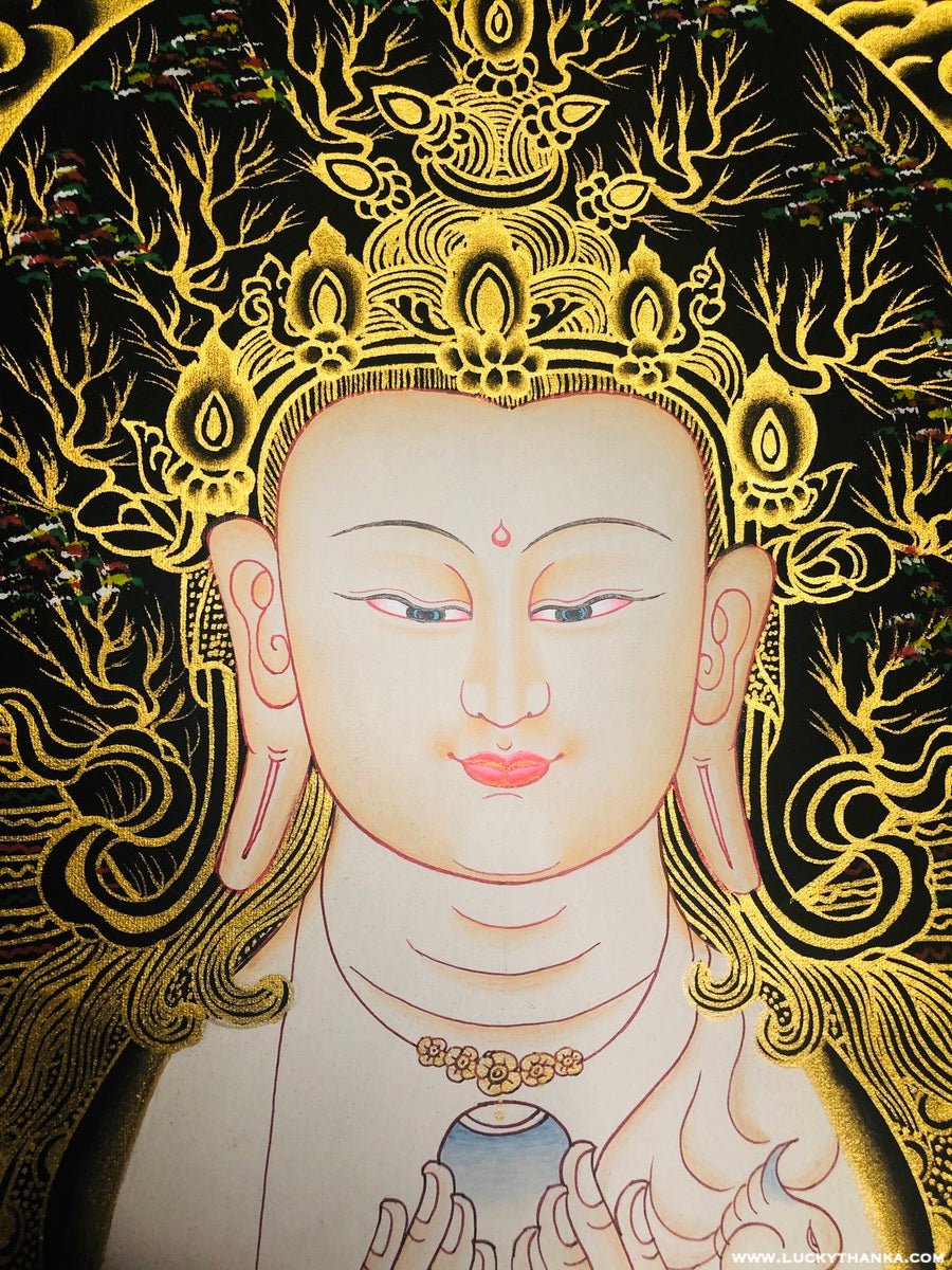 Chenrezig with 5 Dhyani Buddha Tibetan Thangka - Image 2