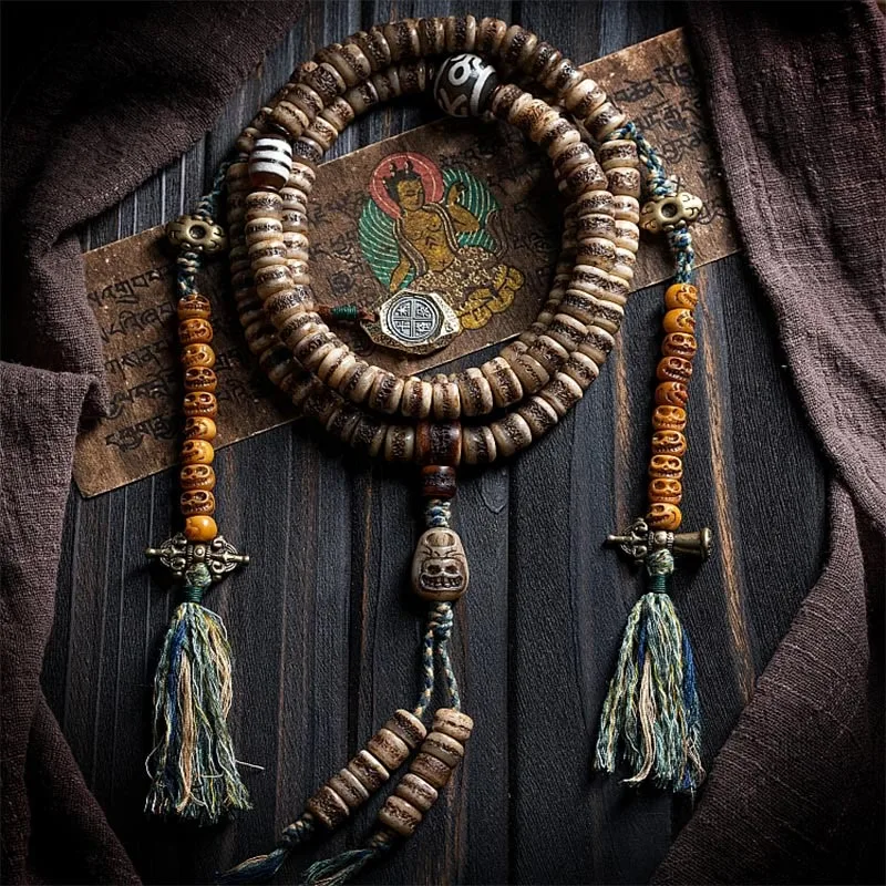 MythStone Tibetan 108 Mala Beads Yak Bone Dzi Bead The Lord of the Corpse Forest Strength Bracelet - Image 4