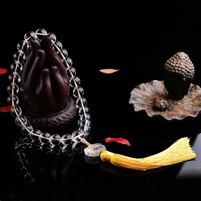 Mythstone Natural White Crystal Lotus Wrist Mala Meditation Tassels Pocket Mala Car Decoration - Image 2
