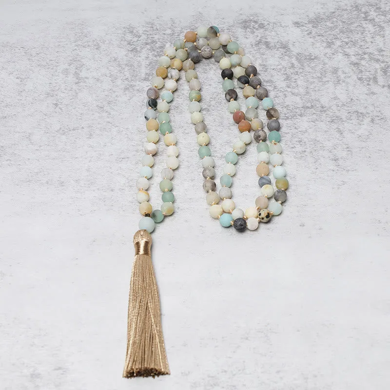 MythStone – 108 Amazonite Bead Tassel Mala Bracelet for Serenity and Balance - Image 3