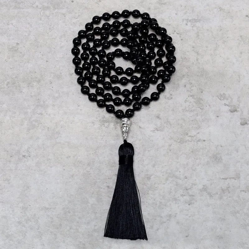 Mythstone 108 Black Onyx Mala Beads Necklace for Yoga, Meditation, and Prayer