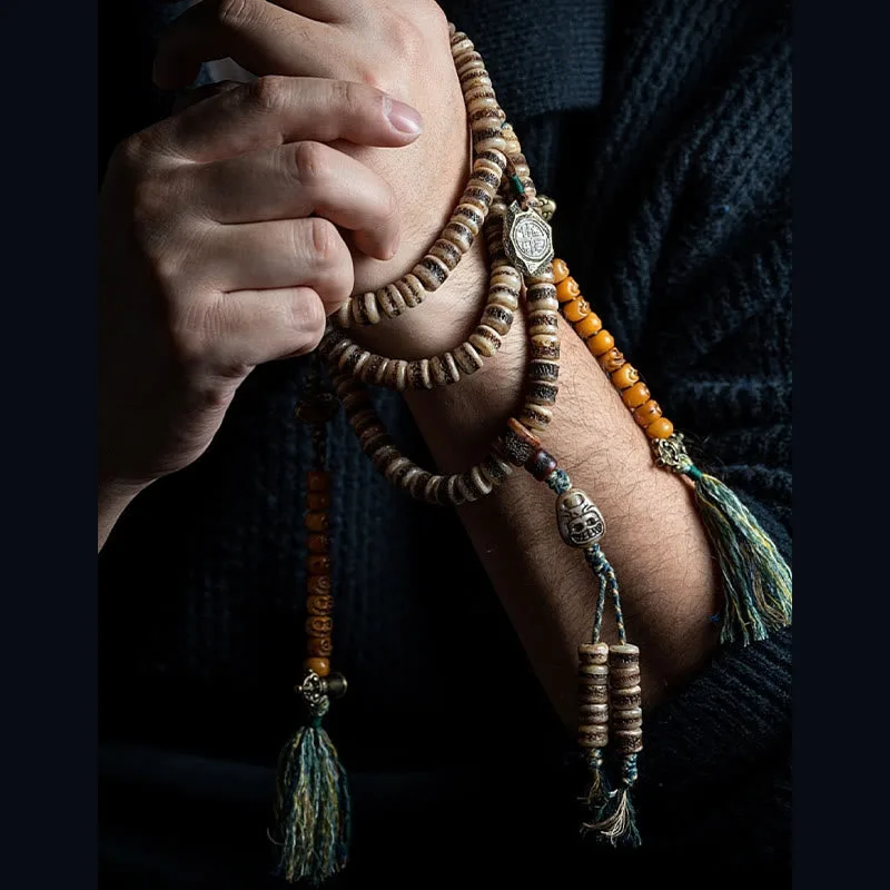 MythStone Tibetan 108 Mala Beads Yak Bone Dzi Bead The Lord of the Corpse Forest Strength Bracelet - Image 19