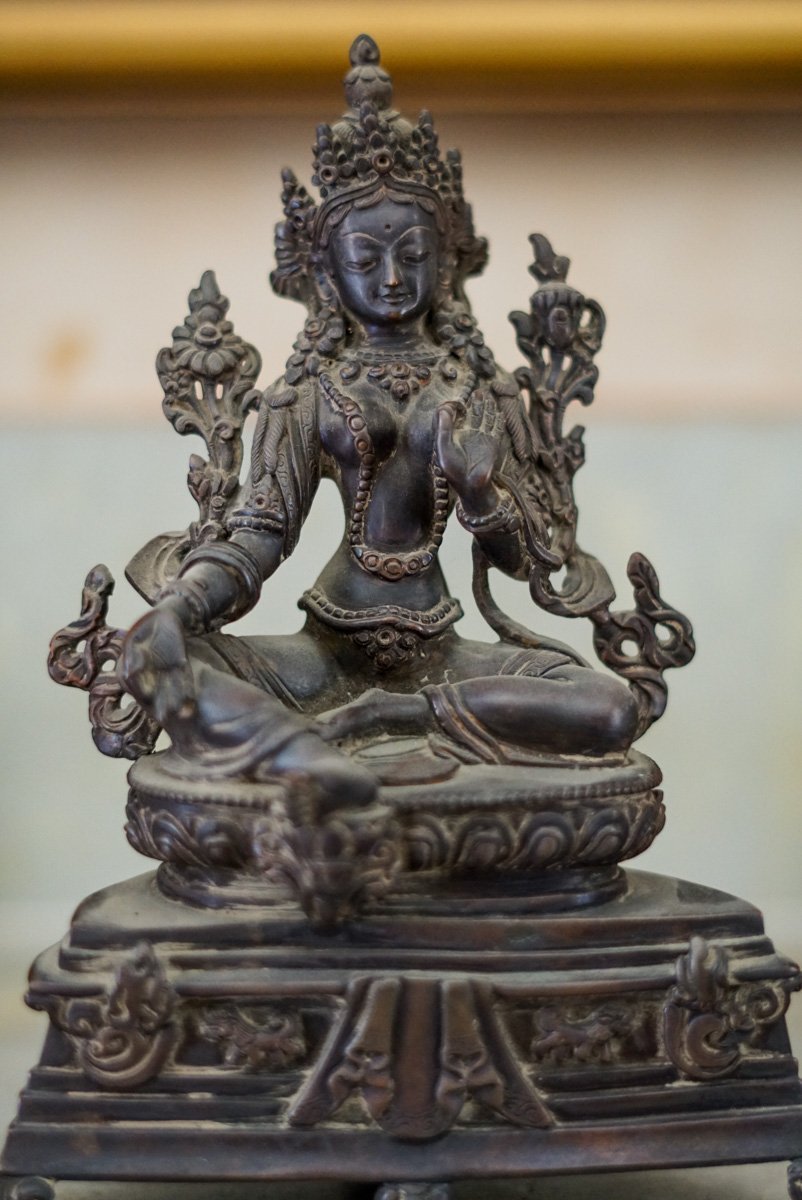 Copper Oxidized Green Tara Statue - Image 3
