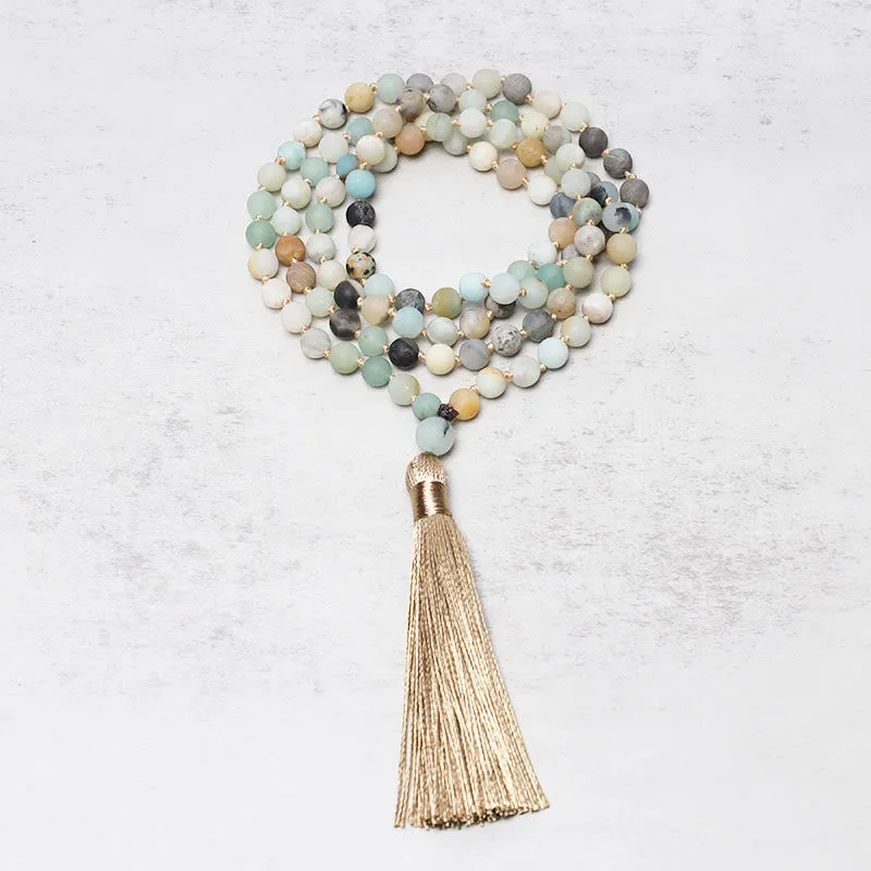 MythStone – 108 Amazonite Bead Tassel Mala Bracelet for Serenity and Balance
