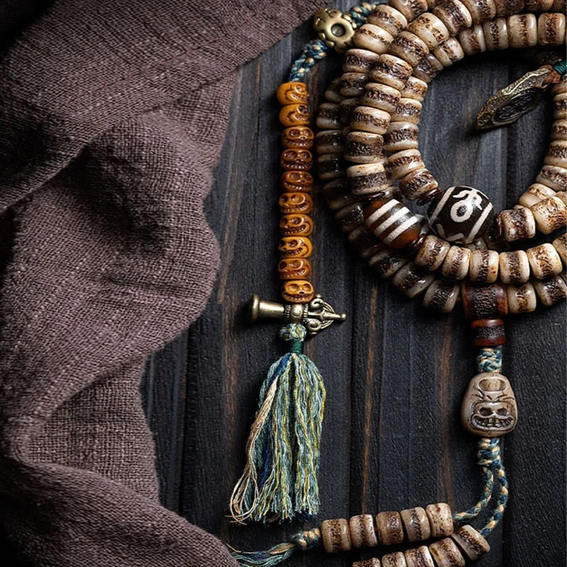 MythStone Tibetan 108 Mala Beads Yak Bone Dzi Bead The Lord of the Corpse Forest Strength Bracelet - Image 3