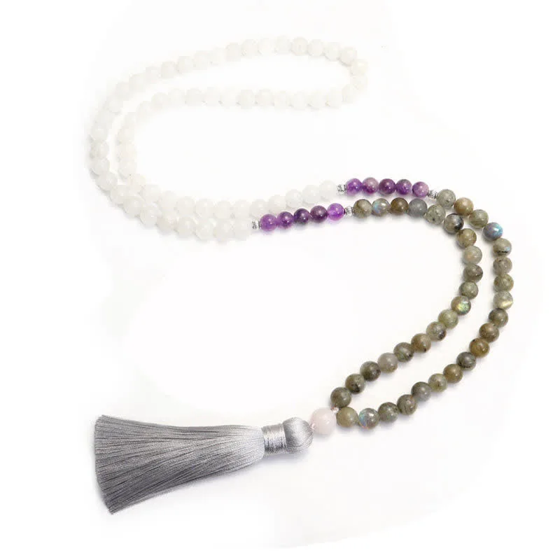 Mythstone 108 Mala Beads White Agate Amethyst Black Glitter Stone Protection Bracelet - Image 9