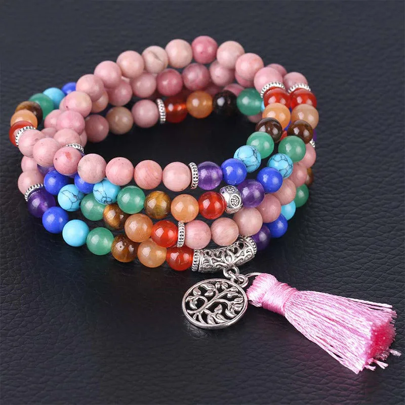 Mythstone 108 Mala Beads Rhodonite Blue Crystal Lazulite Healing Bracelet - Image 2