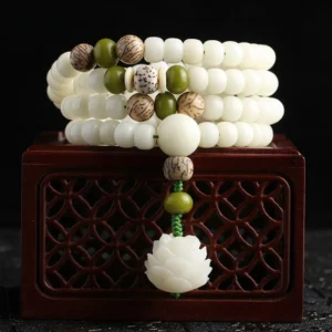 Mythstone White Jade Bodhi Lotus Mala Necklace and Bracelet Set