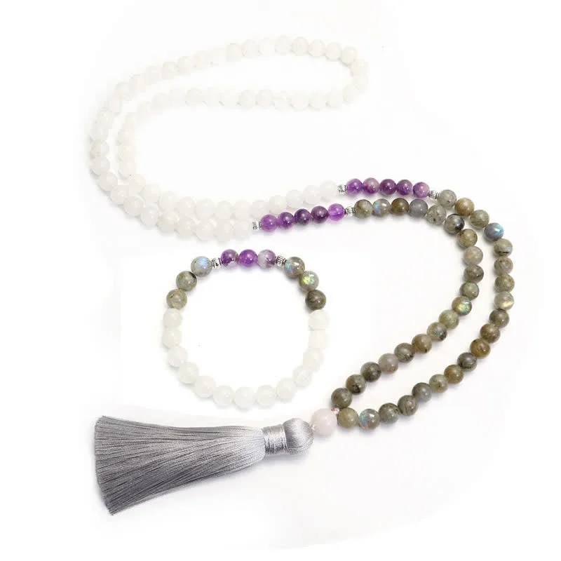 Mythstone 108 Mala Beads White Agate Amethyst Black Glitter Stone Protection Bracelet - Image 11