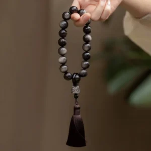 Mythstone Natural Silver Sheen Obsidian Black Obsidian Lion Wrist Mala Protection Tassels Pocket Mala Car Decoration