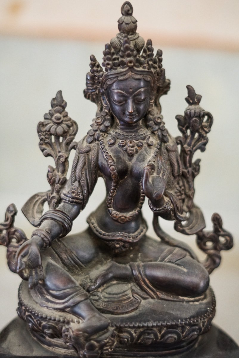 Copper Oxidized Green Tara Statue - Image 2