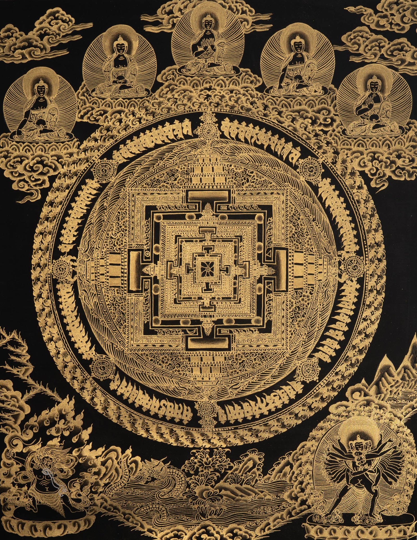 Kalachakra Mandala Thangka with 5 Wisdom Buddha